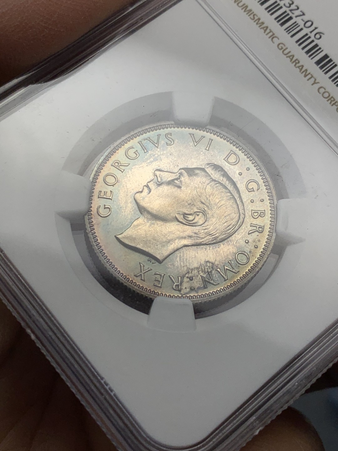 《竞宝斋》第128场-周日，周一 ，2场连拍（全场包邮） NGC-PF63 英国 1937年 乔治六世1福林 精制银币，带彩老包浆，底板镜面感十足