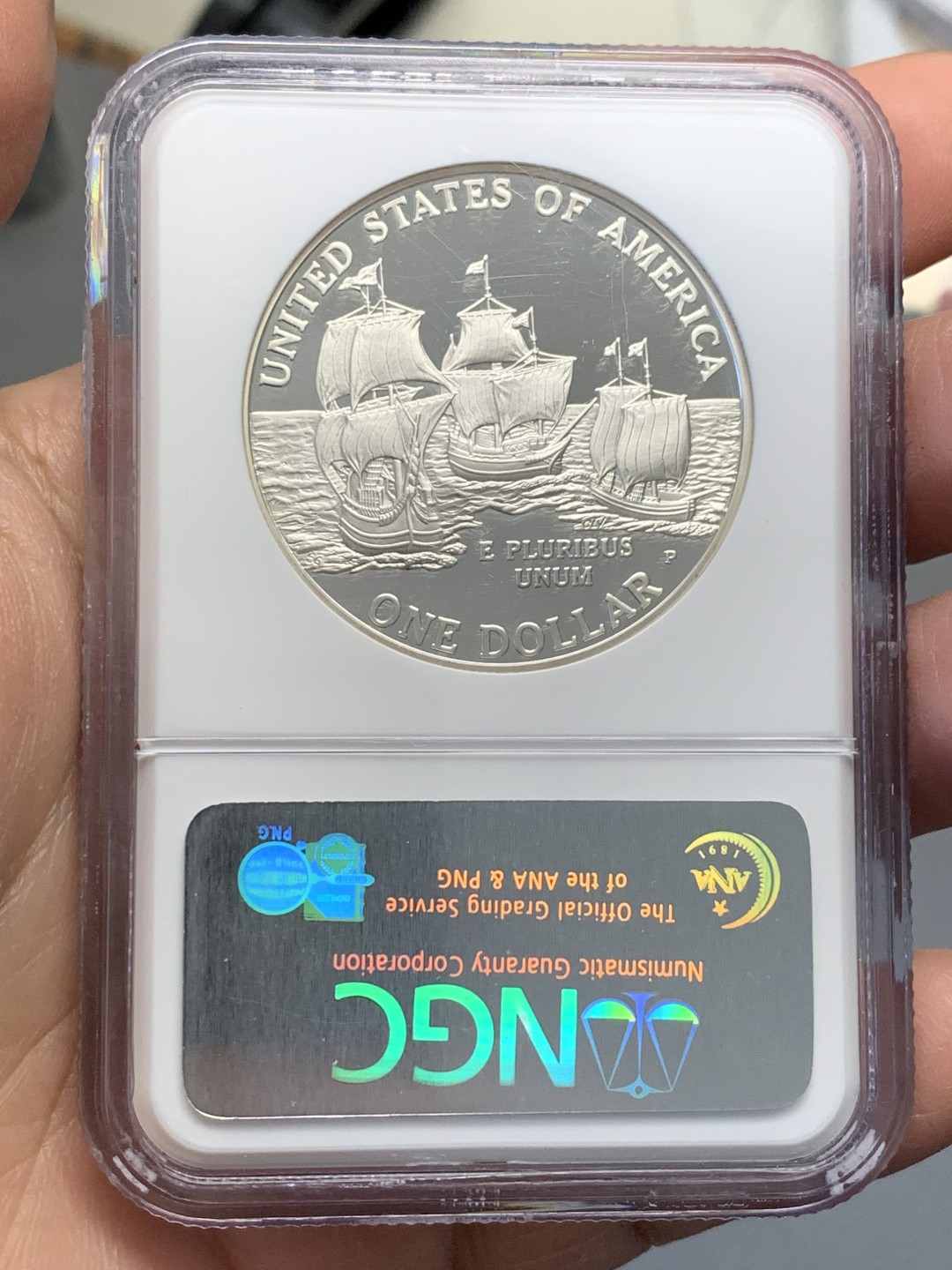 《竞宝斋》第128场-周日，周一 ，2场连拍（全场包邮） NGC PF69UC 美国 2007年 詹姆斯敦 建立400 周年 纪念 1美元精制银币 大银币 38.1mm 26.73克 英国在美建立的第一个移民城市