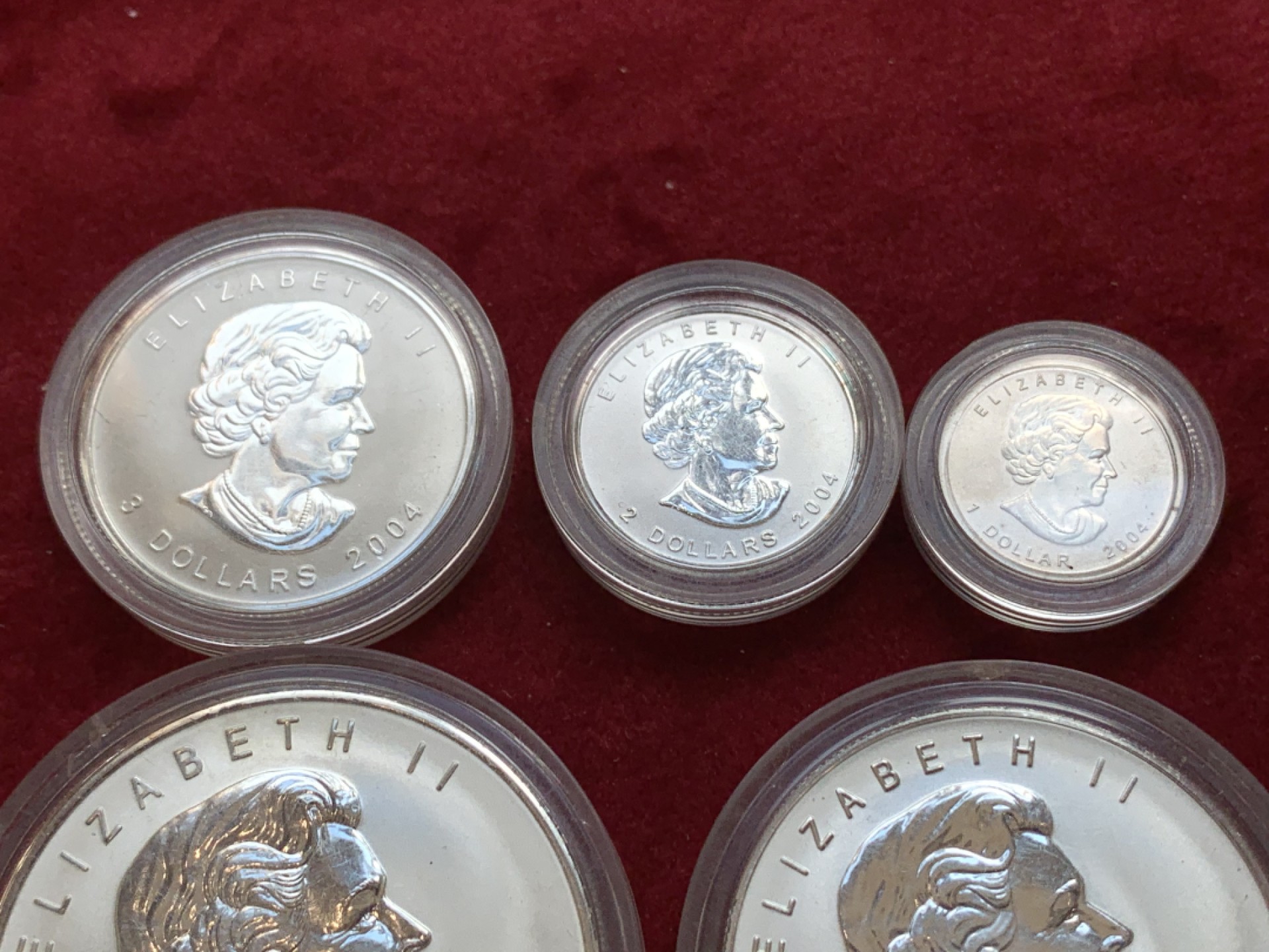 《竞宝斋》第128场-周日，周一 ，2场连拍（全场包邮） 加拿大 2004年 枫叶5枚套 1盎司，1/2盎司，1/4盎司，1/10盎司，1/20盎司 总的1.9盎司59.09克 9999银