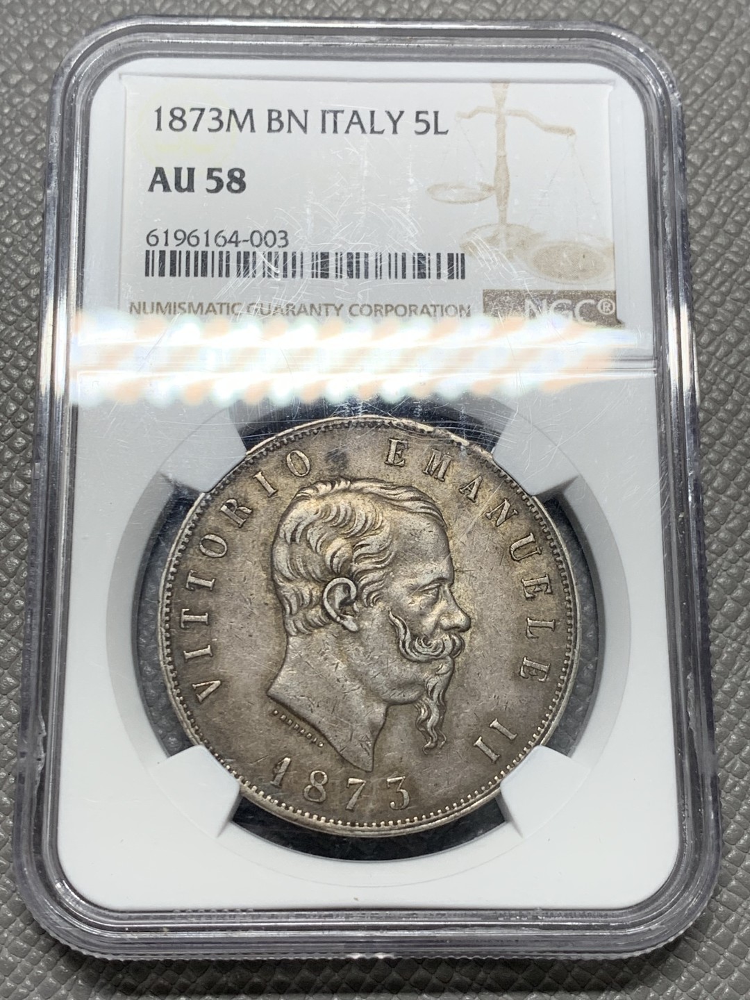 《竞宝斋》第128场-周日，周一 ，2场连拍（全场包邮） NGC AU58 意大利1873年5里拉大银币，深色重包浆，味道难得