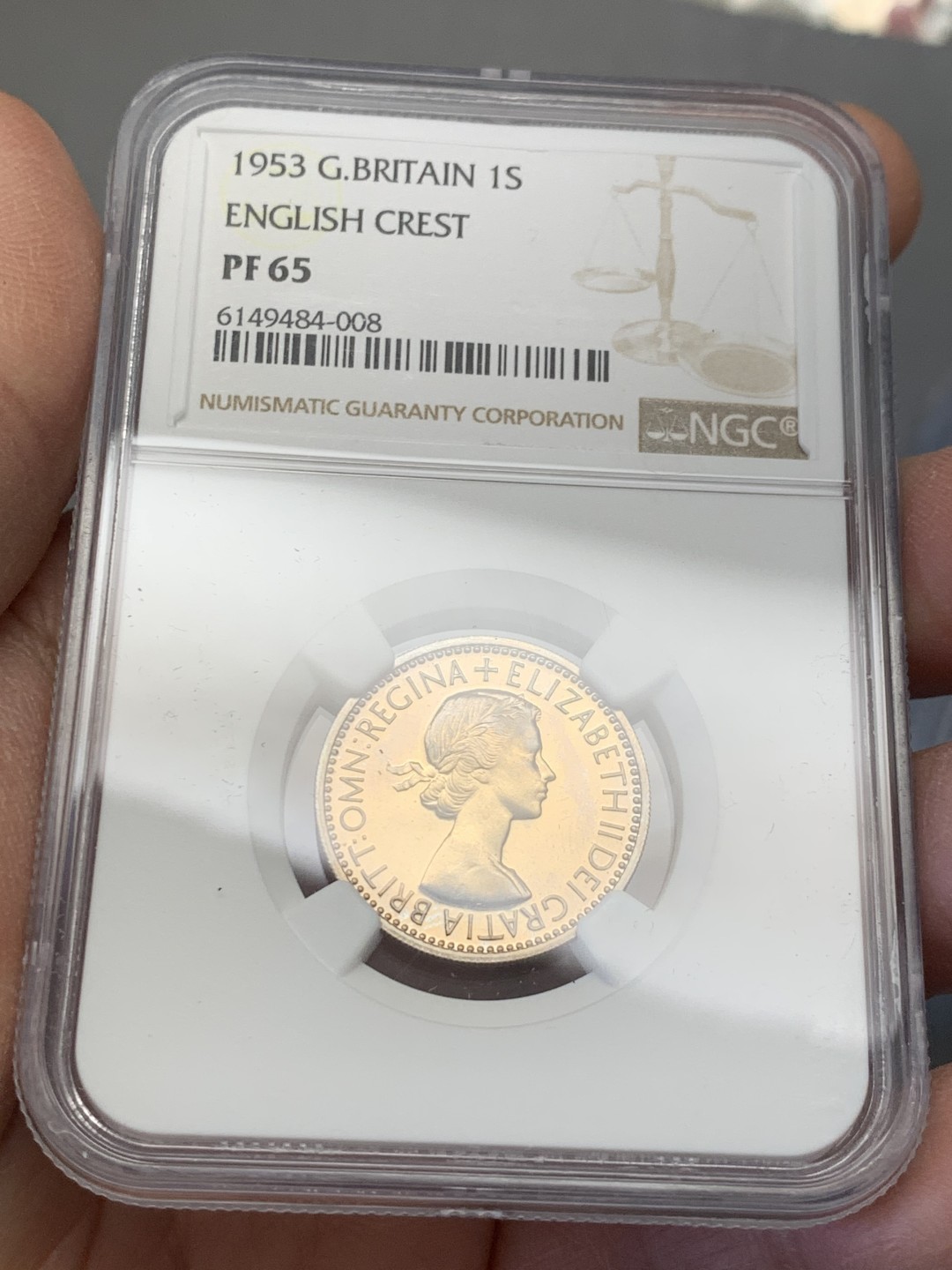 《竞宝斋》第128场-周日，周一 ，2场连拍（全场包邮） NGC PF65 1953年英国伊丽莎白二世首年精制1先令（ENGLAND)