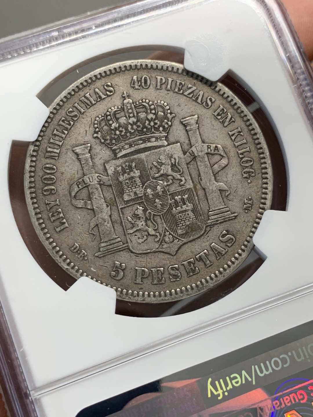 《竞宝斋》第128场-周日，周一 ，2场连拍（全场包邮） NGC-XF45  西班牙1875年 阿方索十二世 5比塞塔双柱大银币 细节一流 原味好品