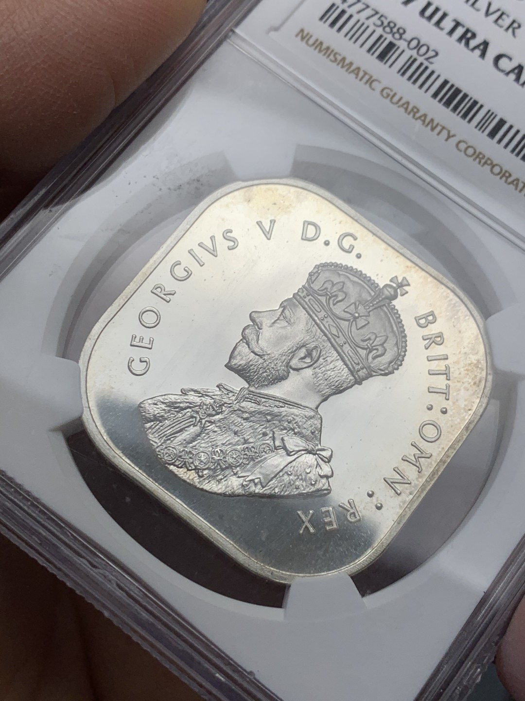 《竞宝斋》第128场-周日，周一 ，2场连拍（全场包邮） NGC PF67UCAM 唯一冠军分 澳大利亚 乔治五世 “1920年” 5先令 银质方形克朗 上世纪再铸 原型出自早期澳大利亚的一批方形便士样币