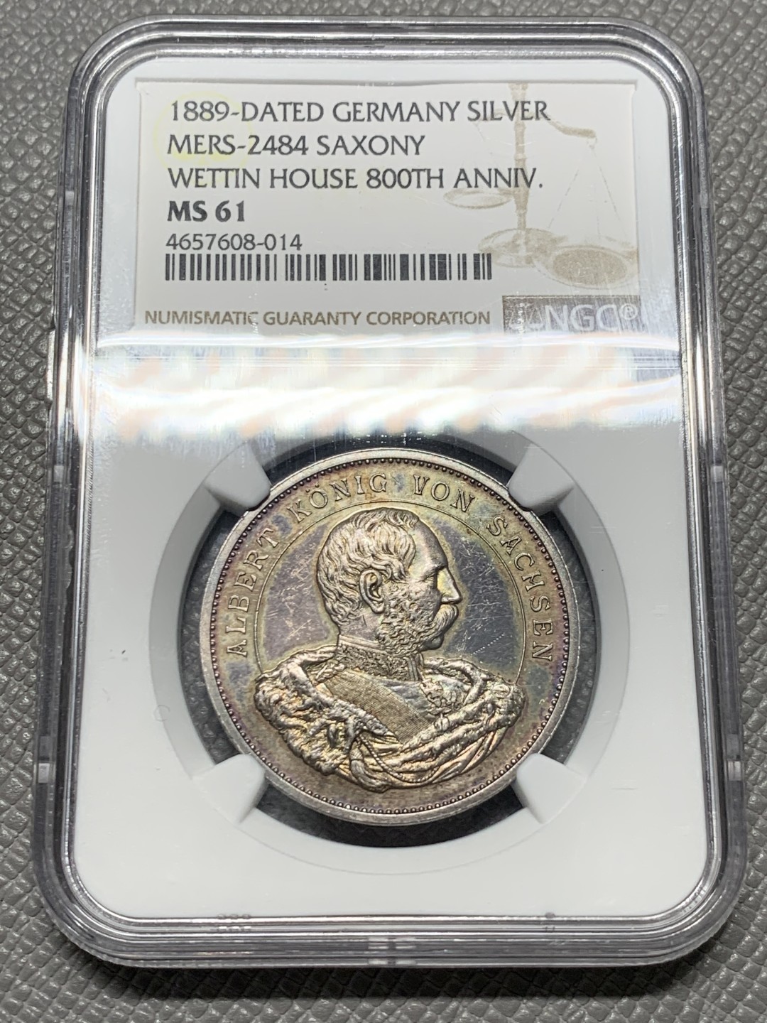 《竞宝斋》第128场-周日，周一 ，2场连拍（全场包邮） NGC-MS61,萨克森1889年维丁王朝800周年纪念银章，双面幻彩，上分不易