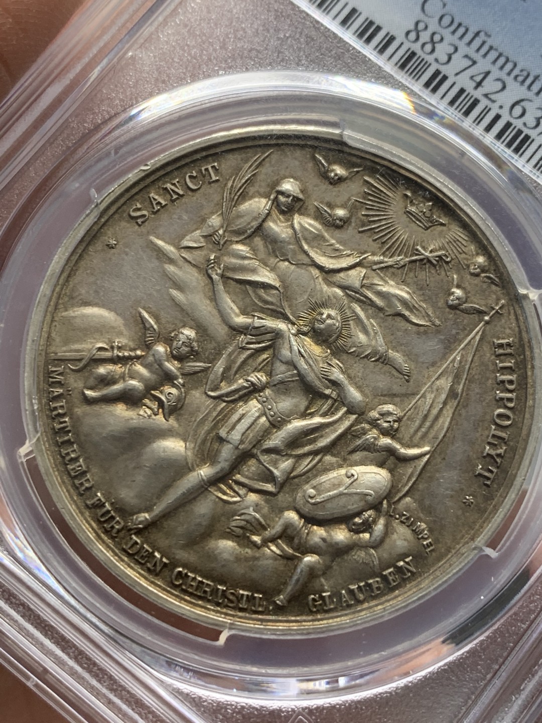 《竞宝斋》第128场-周日，周一 ，2场连拍（全场包邮） PCGS SP63 19世纪奥地利宗教洗礼银章 稀少品种 双面设计都很别致