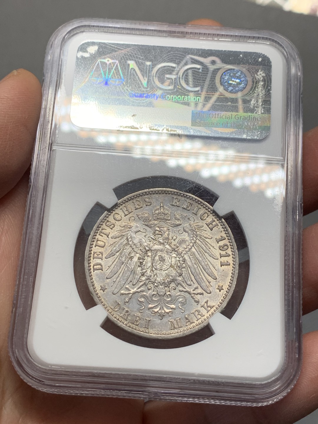 《竞宝斋》第128场-周日，周一 ，2场连拍（全场包邮） NGC-AUD 德国 1911年 巴登3马克银币 带淡黄油包浆 光度不错