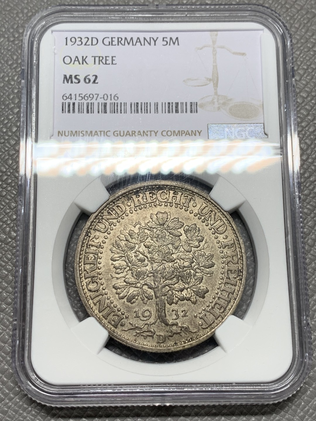 《竞宝斋》第128场-周日，周一 ，2场连拍（全场包邮） NGC MS62 德国1932年橡树5马克大银币老包浆