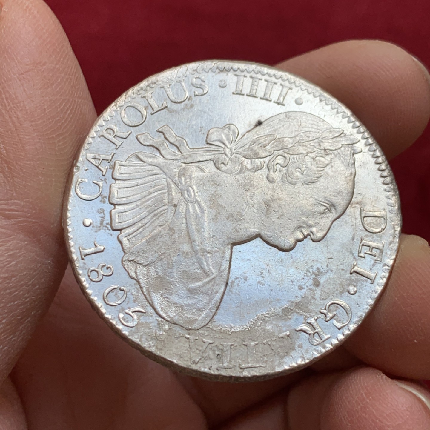 《竞宝斋》第128场-周日，周一 ，2场连拍（全场包邮） 墨西哥 1805年 卡四 双柱 8R 大银币 正反深打 花冠都非常的清晰 AU+的品质 细节状态见图