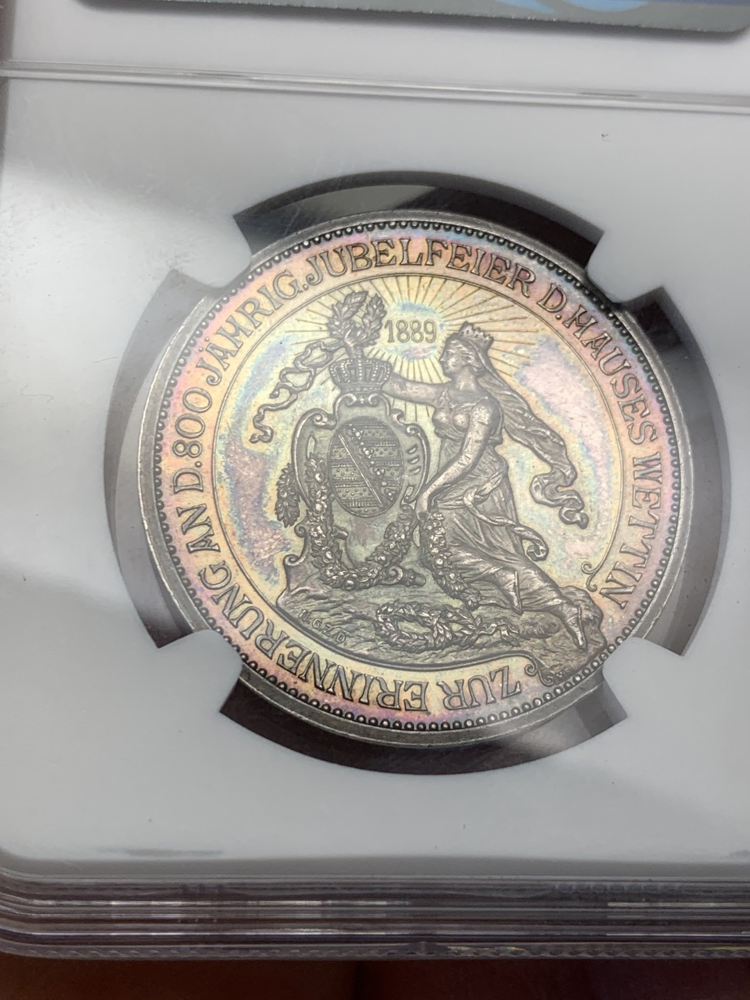 《竞宝斋》第128场-周日，周一 ，2场连拍（全场包邮） NGC-MS61,萨克森1889年维丁王朝800周年纪念银章，双面幻彩，上分不易