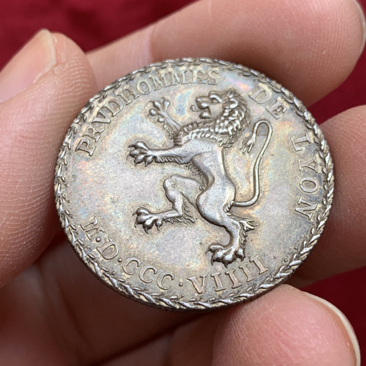 《竞宝斋》第128场-周日，周一 ，2场连拍（全场包邮） 法国 1809 里昂公证处 银章 双面深彩包浆 细节非常好 特殊的边缘花边很漂亮 29.36mm 10.6克 可评级