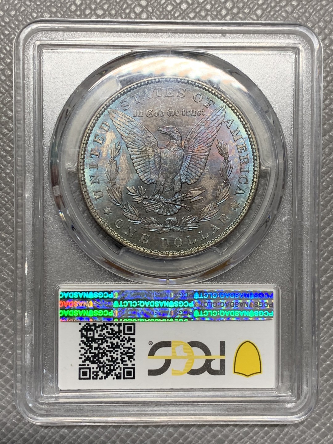 《竞宝斋》第128场-周日，周一 ，2场连拍（全场包邮） PCGS MS64+ 美国 1886年摩根银币 双面满彩 鹰面孔雀蓝夹杂紫红彩 收藏级彩摩根