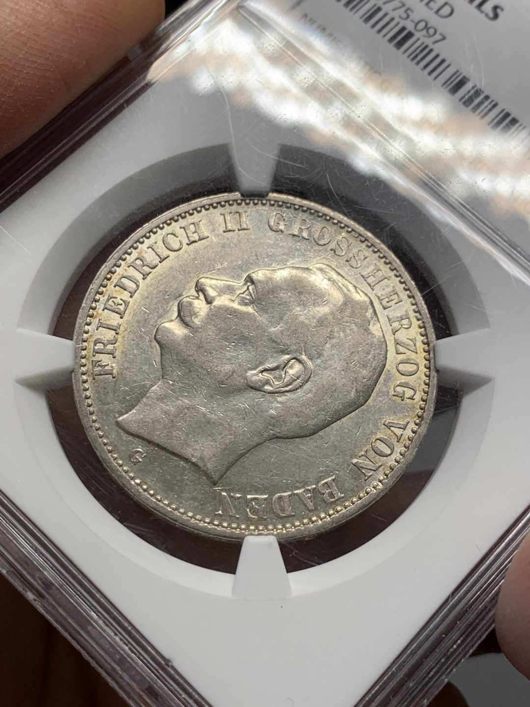 《竞宝斋》第128场-周日，周一 ，2场连拍（全场包邮） NGC-AUD 德国 1911年 巴登3马克银币 带淡黄油包浆 光度不错