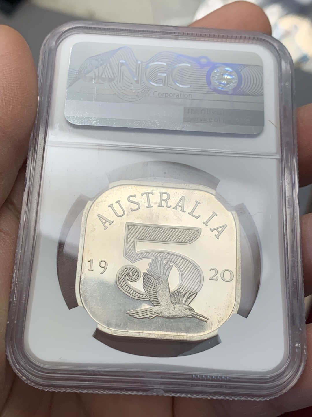 《竞宝斋》第128场-周日，周一 ，2场连拍（全场包邮） NGC PF67UCAM 唯一冠军分 澳大利亚 乔治五世 “1920年” 5先令 银质方形克朗 上世纪再铸 原型出自早期澳大利亚的一批方形便士样币