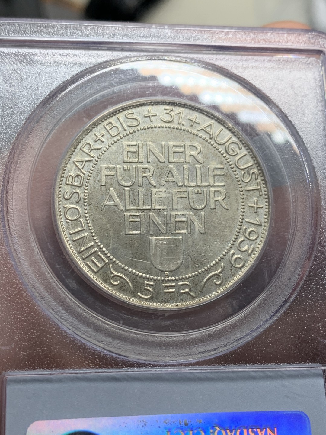 《竞宝斋》第128场-周日，周一 ，2场连拍（全场包邮） PCGS MS64 1939年 瑞士 卢塞恩射击节 5法郎