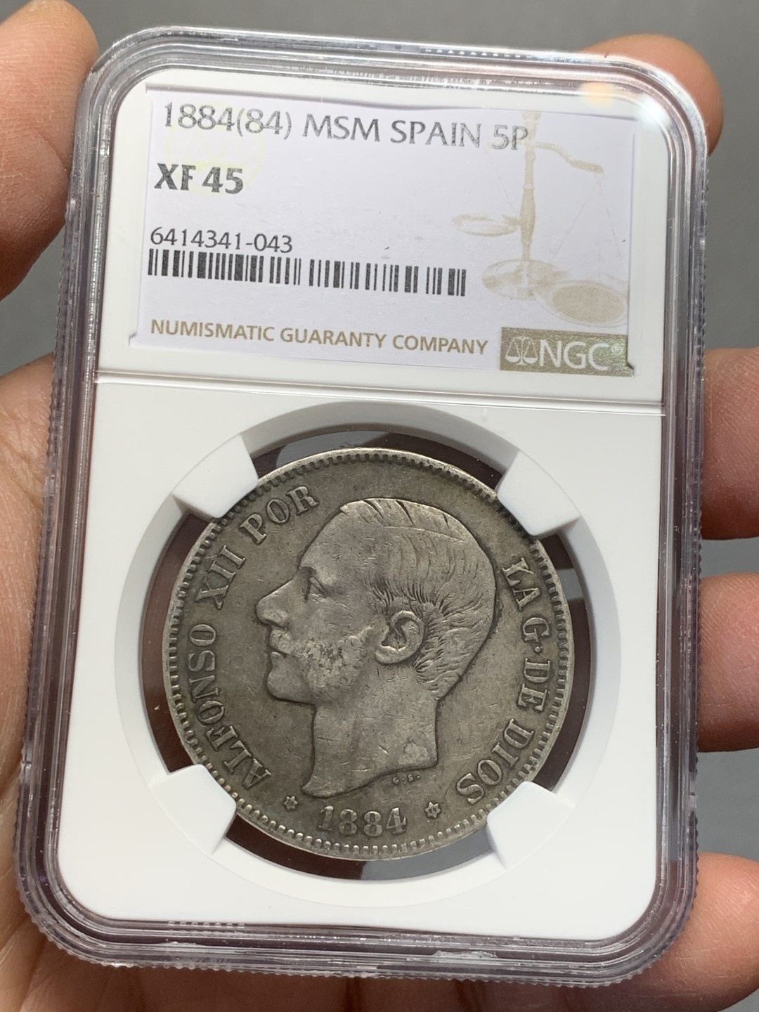 《竞宝斋》第128场-周日，周一 ，2场连拍（全场包邮） NGC-XF45 西班牙1884年 阿方索十二世 5比塞塔双柱大银币 原味好品