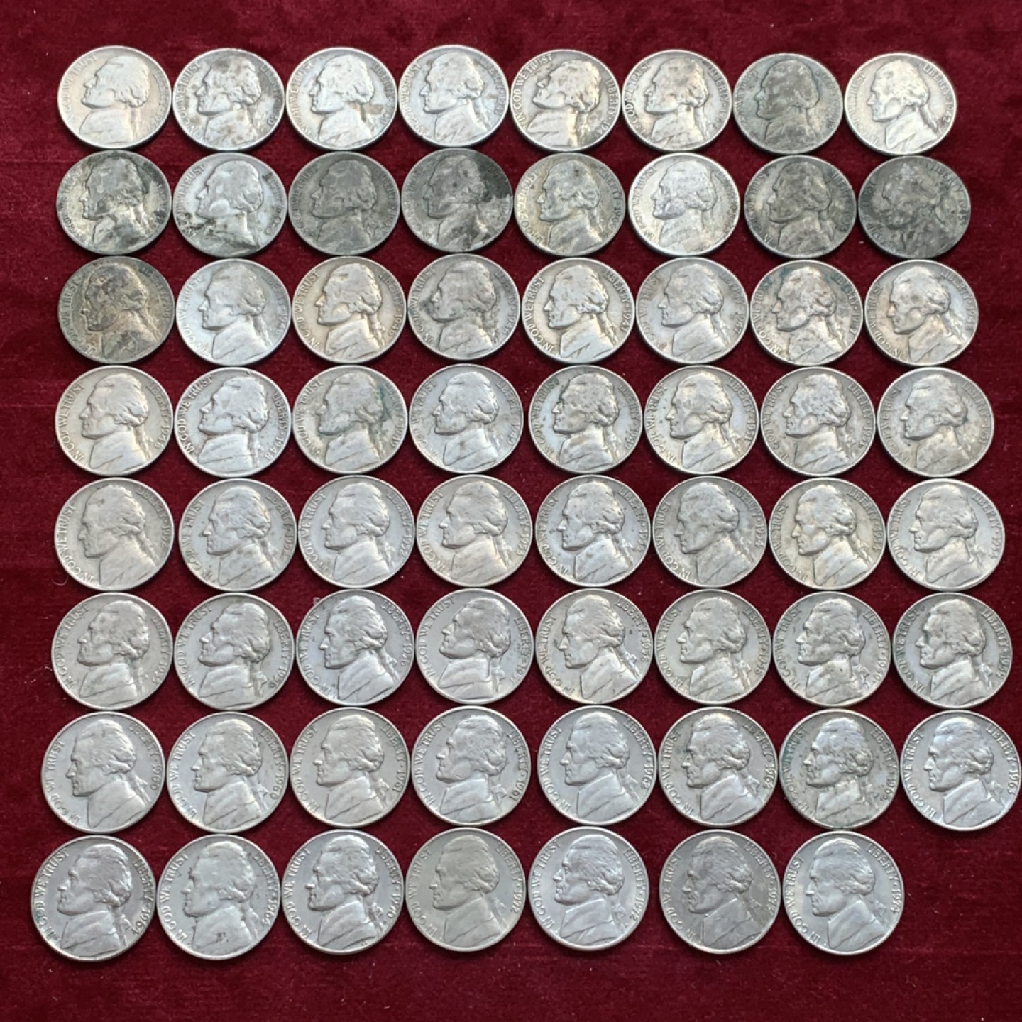 《竞宝斋》第128场-周日，周一 ，2场连拍（全场包邮） 美国 麦弗逊 5美分  63枚一组 从1939-1974年 60多个不同的年份版别 一次搞定绝大多数