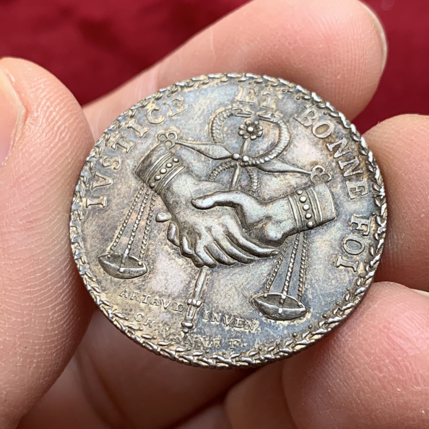 《竞宝斋》第128场-周日，周一 ，2场连拍（全场包邮） 法国 1809 里昂公证处 银章 双面深彩包浆 细节非常好 特殊的边缘花边很漂亮 29.36mm 10.6克 可评级