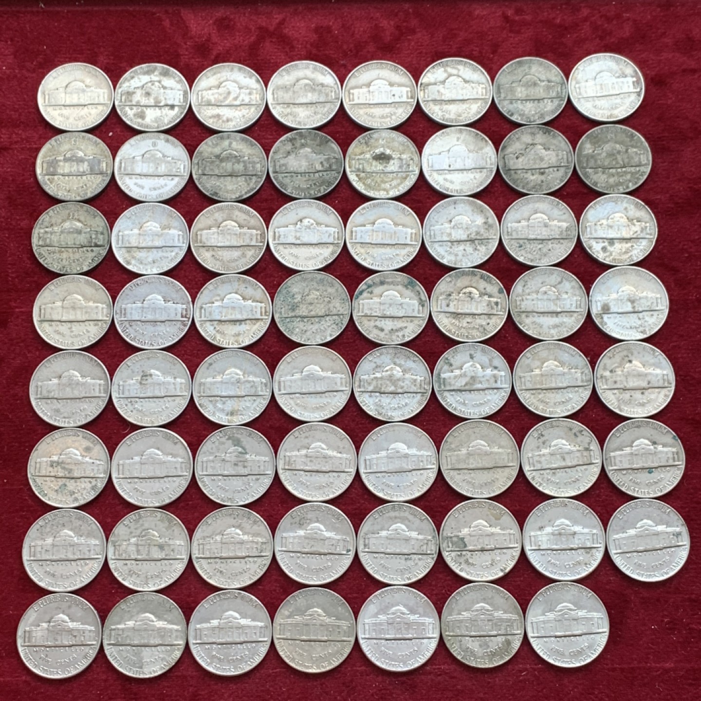 《竞宝斋》第128场-周日，周一 ，2场连拍（全场包邮） 美国 麦弗逊 5美分  63枚一组 从1939-1974年 60多个不同的年份版别 一次搞定绝大多数