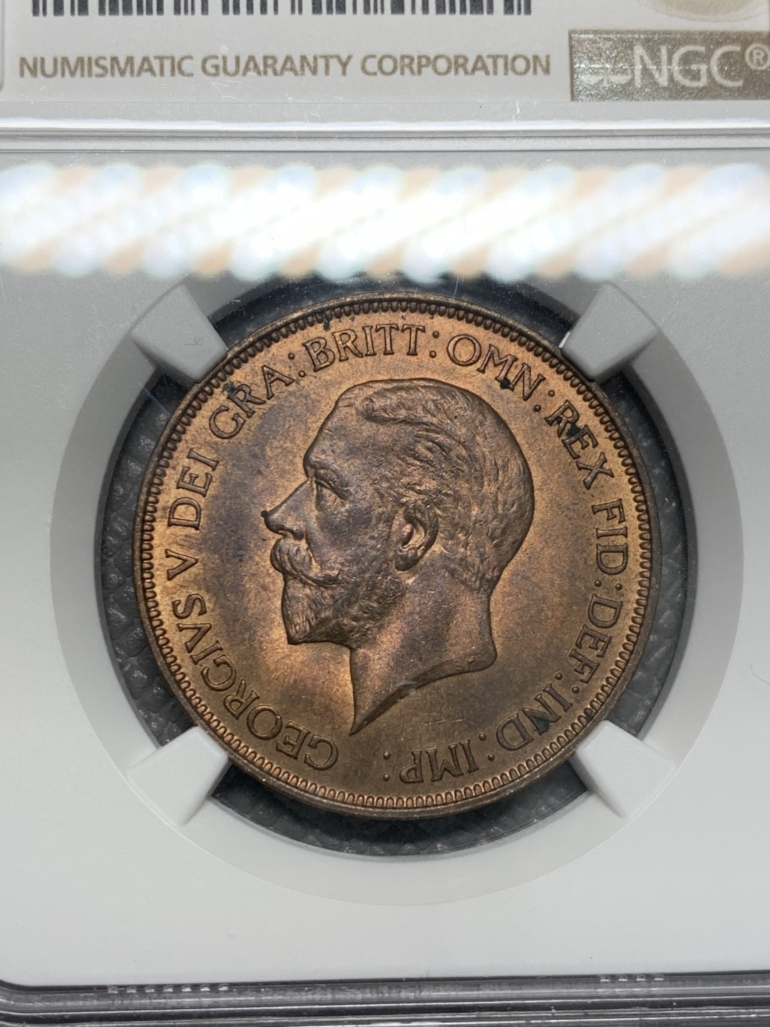 《竞宝斋》第128场-周日，周一 ，2场连拍（全场包邮） NGC-MS63RB 英国1936年乔治五世1便士大铜币。铜光靓丽，经典不列颠女神
