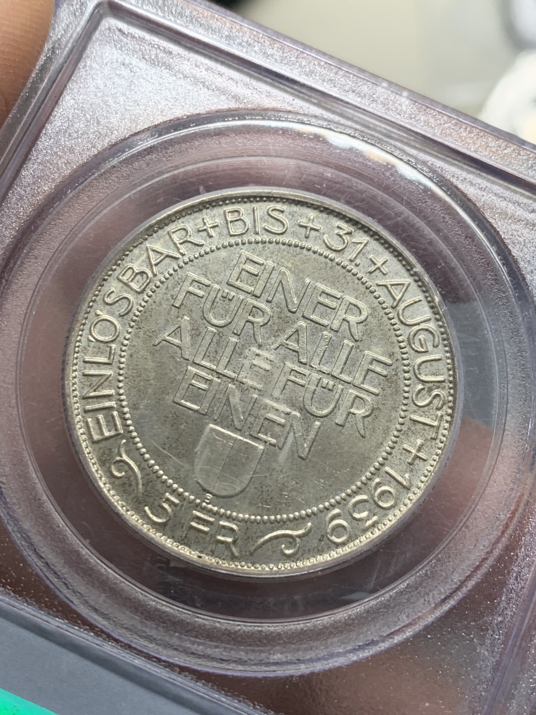 《竞宝斋》第128场-周日，周一 ，2场连拍（全场包邮） PCGS MS64 1939年 瑞士 卢塞恩射击节 5法郎