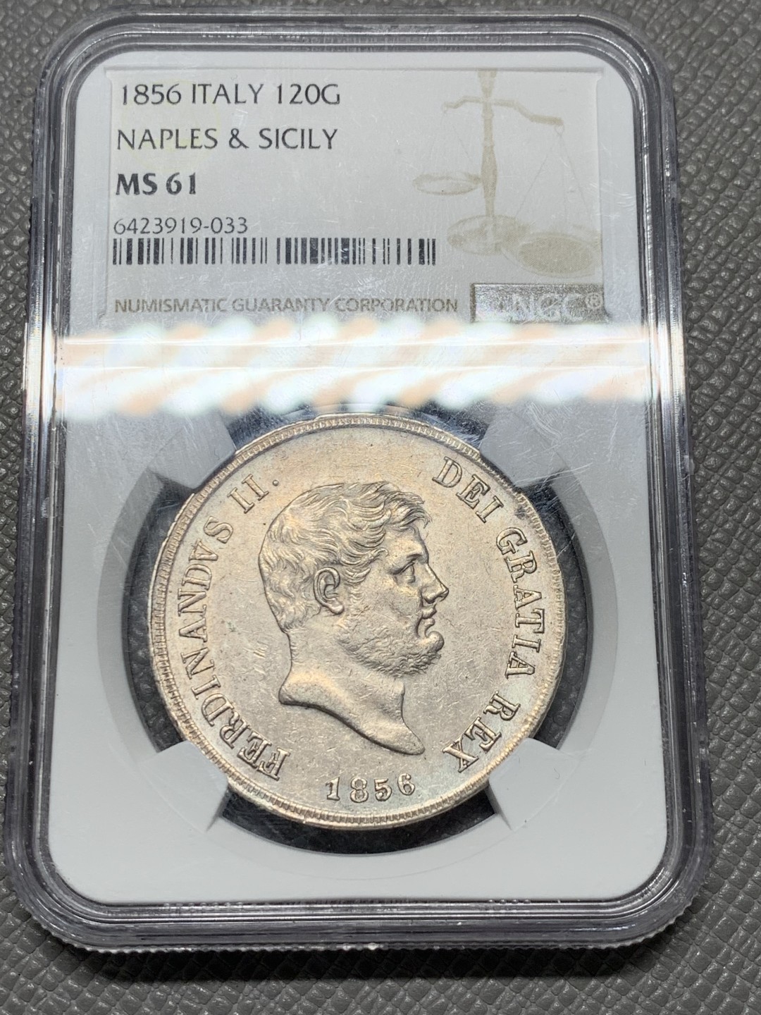 《竞宝斋》第128场-周日，周一 ，2场连拍（全场包邮） NGC-MS61,意大利那不勒斯&西西里，1856年，120G大银 MS极少