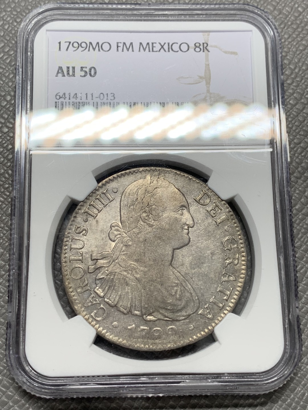 《竞宝斋》第128场-周日，周一 ，2场连拍（全场包邮） NGC AU50 墨西哥 1799年 早期版本 卡四 双柱 8R 大银币原味状态