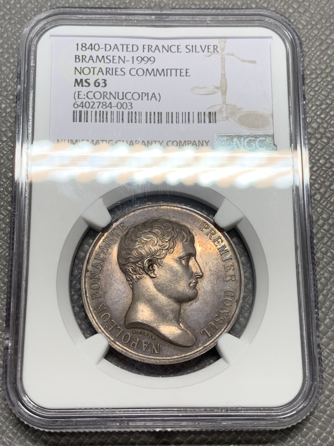 《竞宝斋》第128场-周日，周一 ，2场连拍（全场包邮） NGC-MS63 1840年 拿破仑第一执政官纪念银章，经典款拿破仑执政头像，带彩老包浆 高分好状态