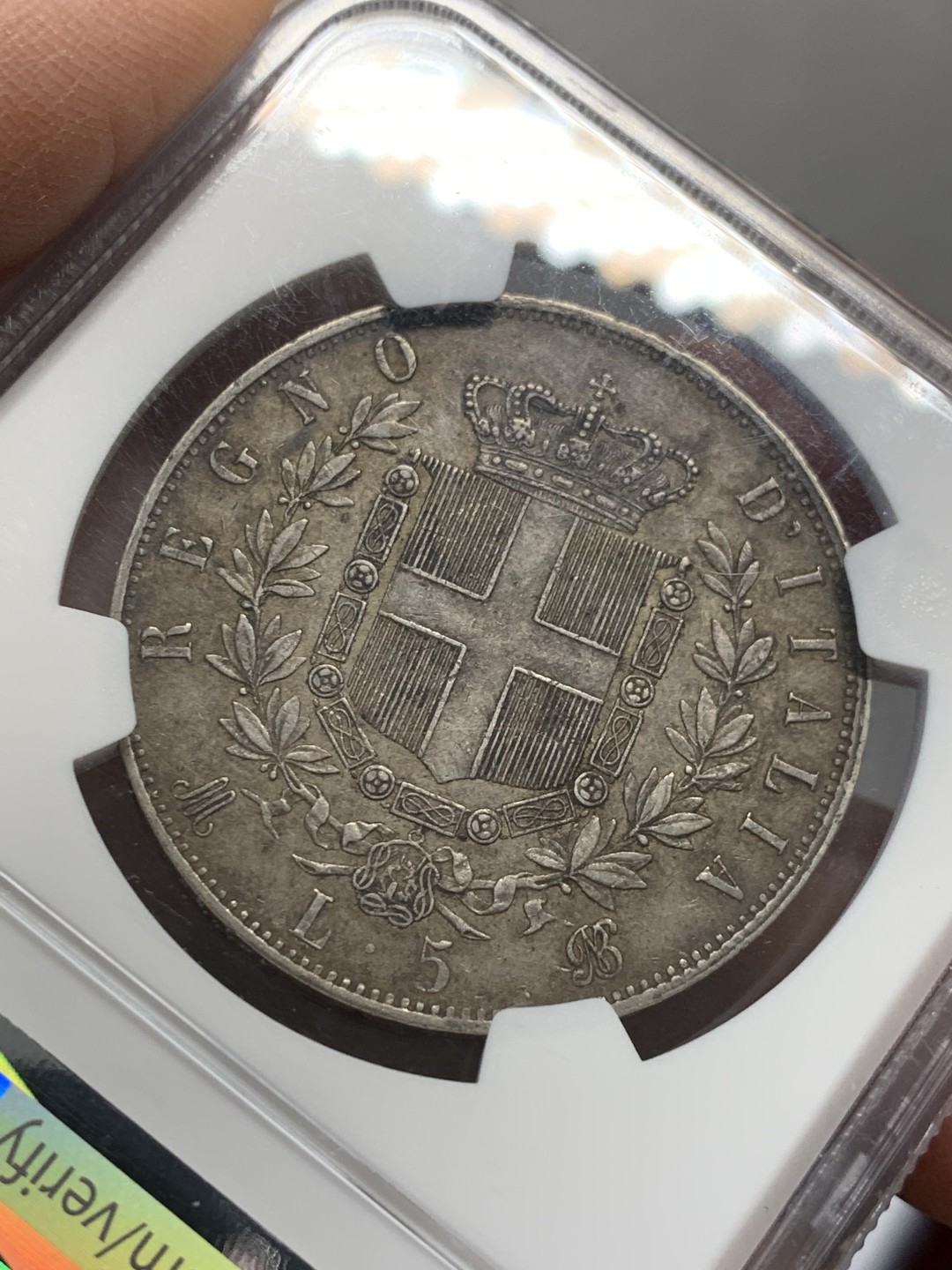 《竞宝斋》第128场-周日，周一 ，2场连拍（全场包邮） NGC AU58 意大利1873年5里拉大银币，深色重包浆，味道难得