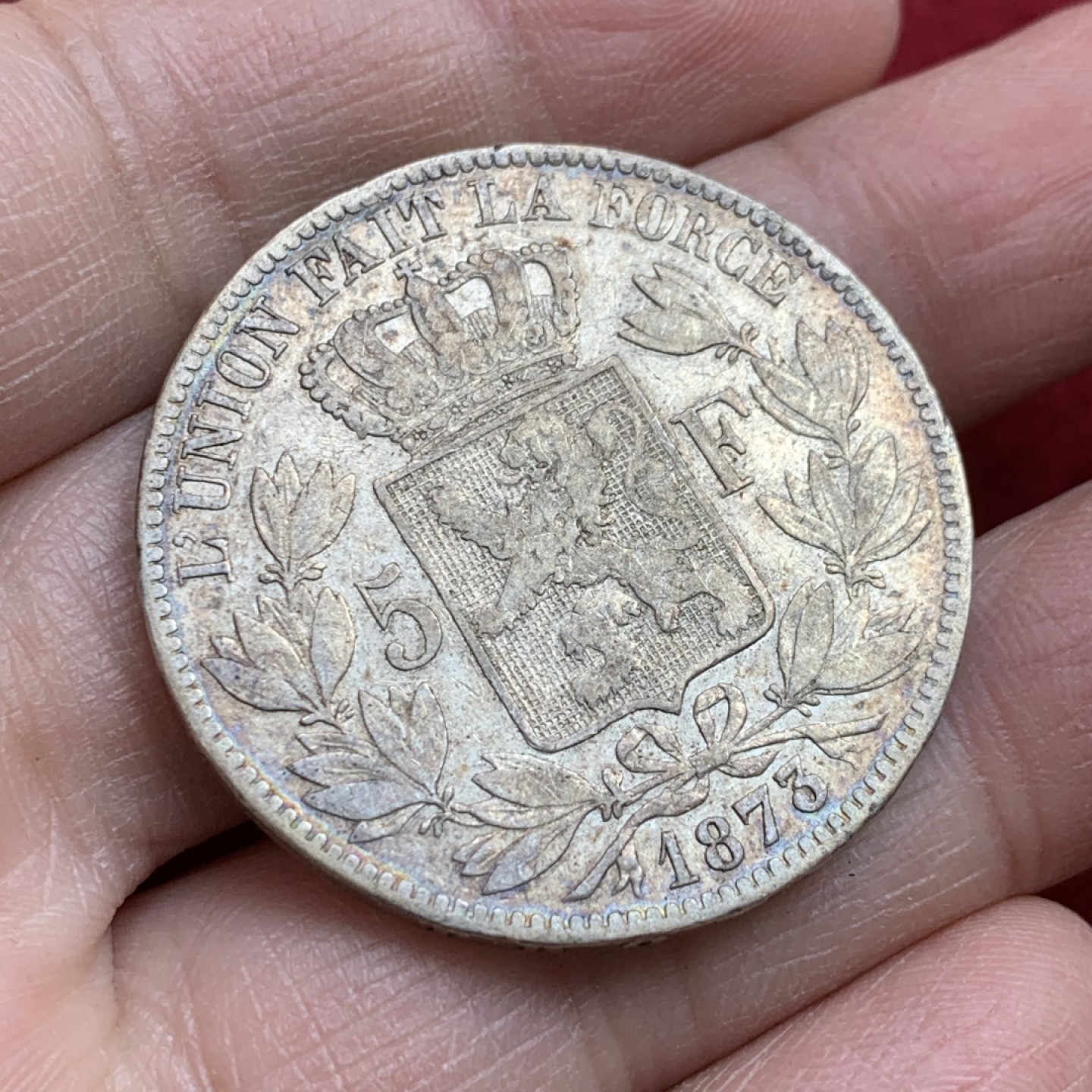 《竞宝斋》第128场-周日，周一 ，2场连拍（全场包邮） 比利时 1873年利奥波德二世 5法朗 银币