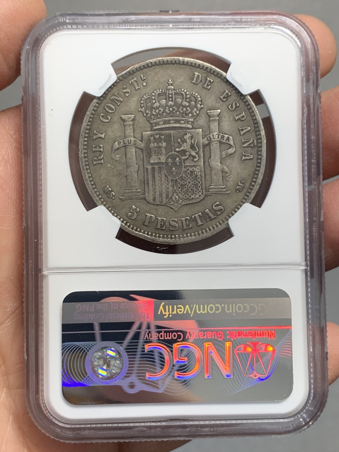 《竞宝斋》第128场-周日，周一 ，2场连拍（全场包邮） NGC-XF45 西班牙1884年 阿方索十二世 5比塞塔双柱大银币 原味好品