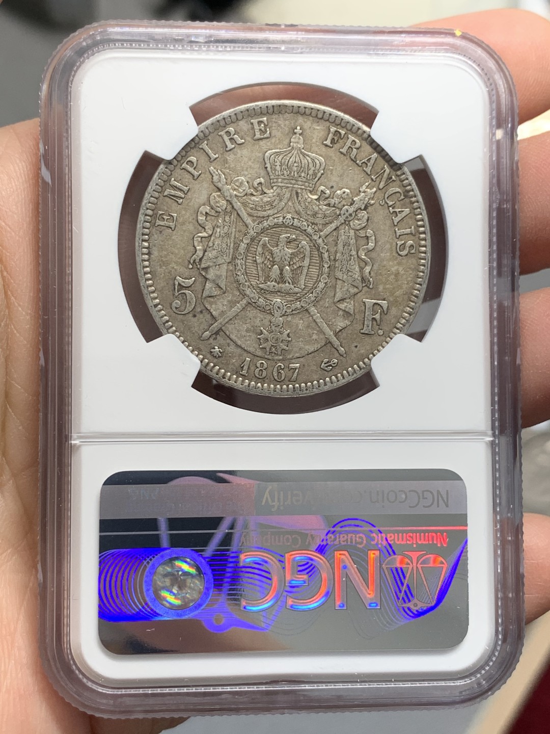 《竞宝斋》第128场-周日，周一 ，2场连拍（全场包邮） NGC AU 法国 1867年 拿三 5法郎银币 原味包浆 细节好 我都没看出 DAMAGE 在哪里