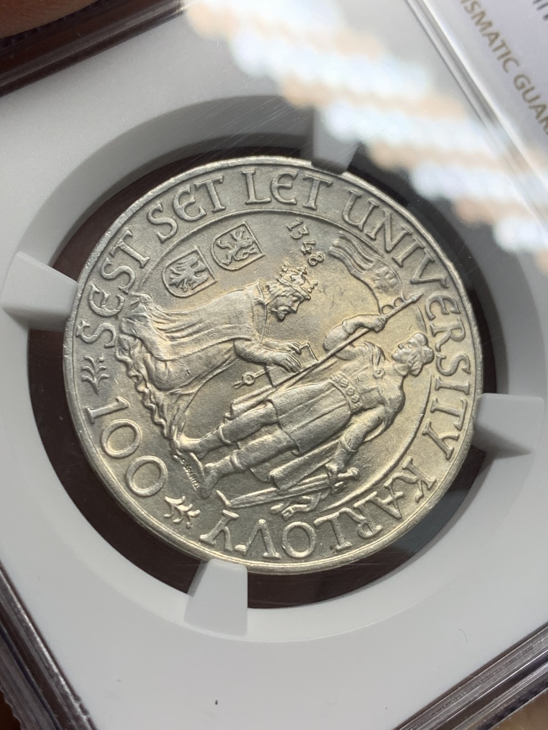 《竞宝斋》第128场-周日，周一 ，2场连拍（全场包邮） NGC-UNC 捷克斯洛伐克1948年查理大学600周年100克朗银币