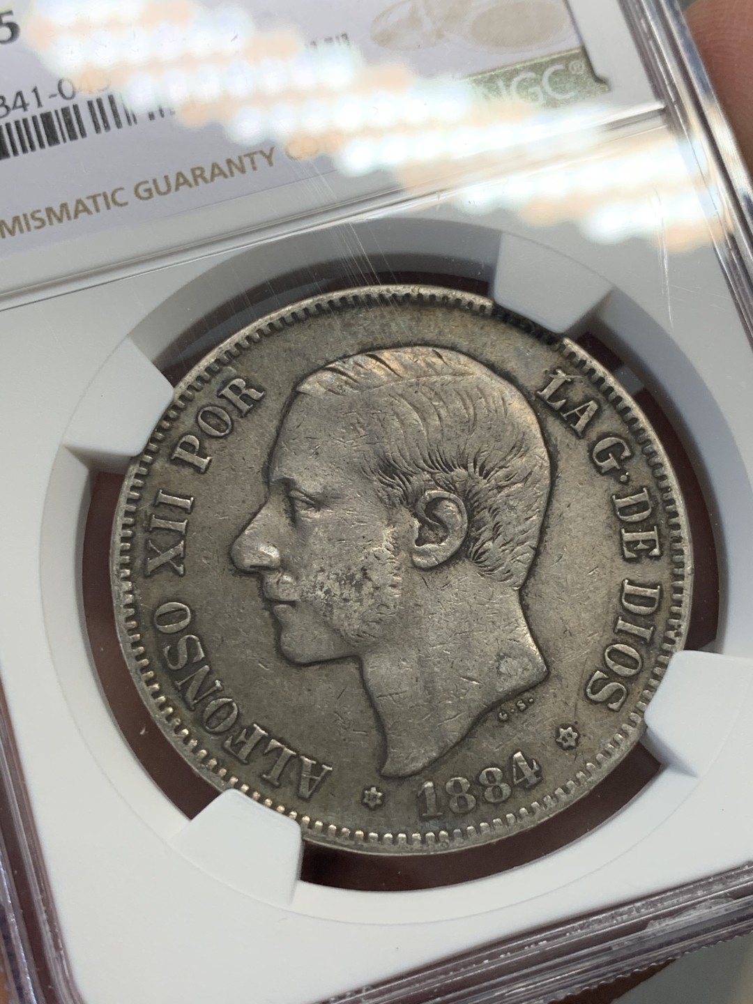 《竞宝斋》第128场-周日，周一 ，2场连拍（全场包邮） NGC-XF45 西班牙1884年 阿方索十二世 5比塞塔双柱大银币 原味好品