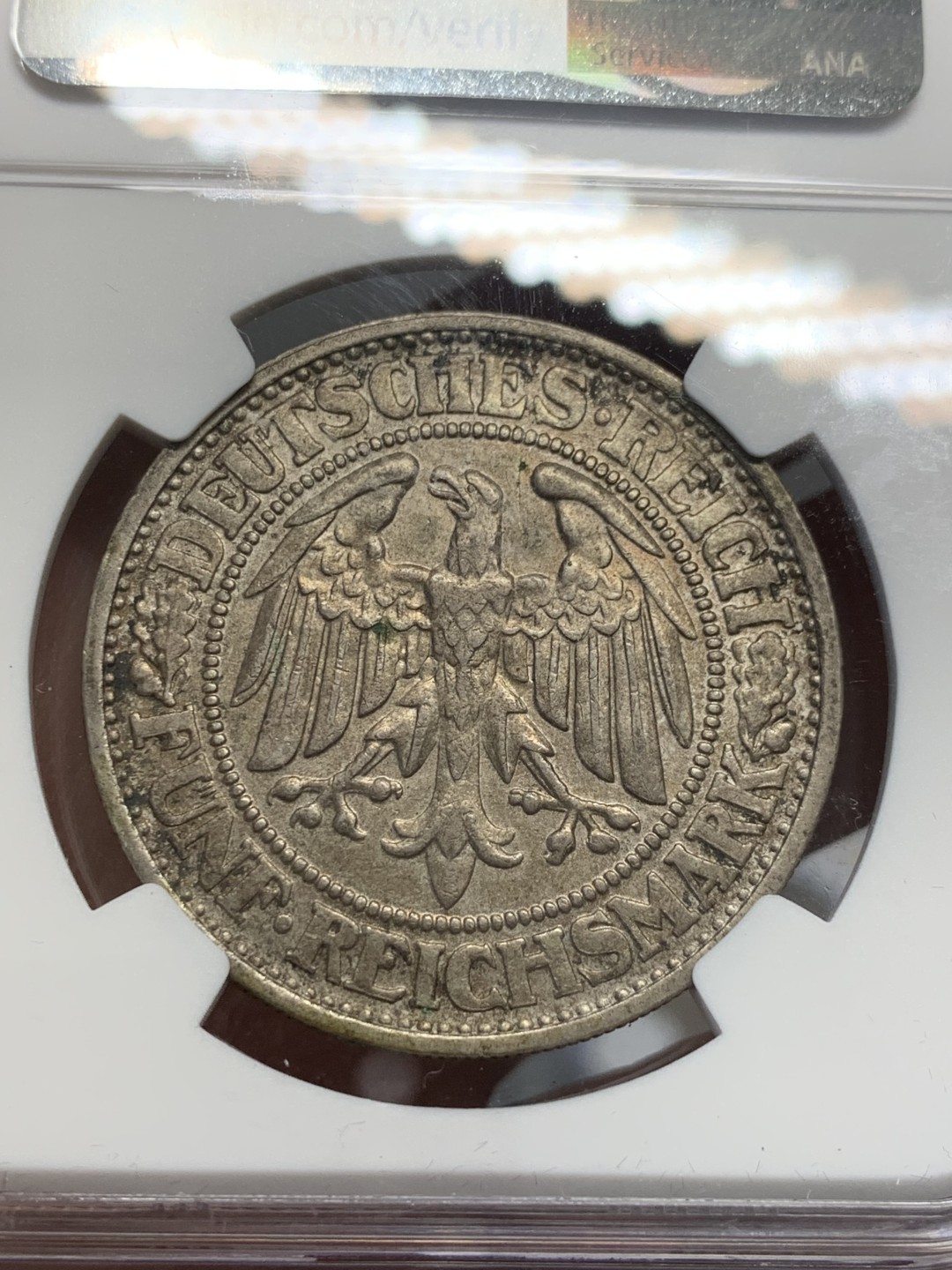 《竞宝斋》第128场-周日，周一 ，2场连拍（全场包邮） NGC MS62 德国1932年橡树5马克大银币老包浆