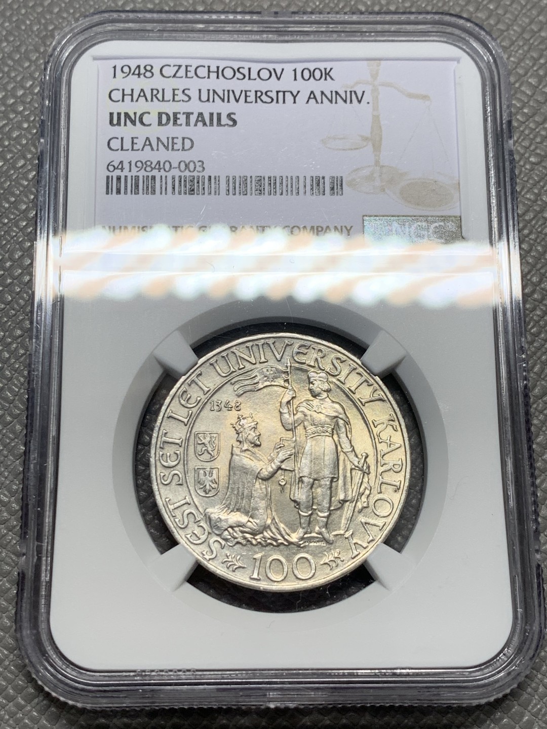 《竞宝斋》第128场-周日，周一 ，2场连拍（全场包邮） NGC-UNC 捷克斯洛伐克1948年查理大学600周年100克朗银币