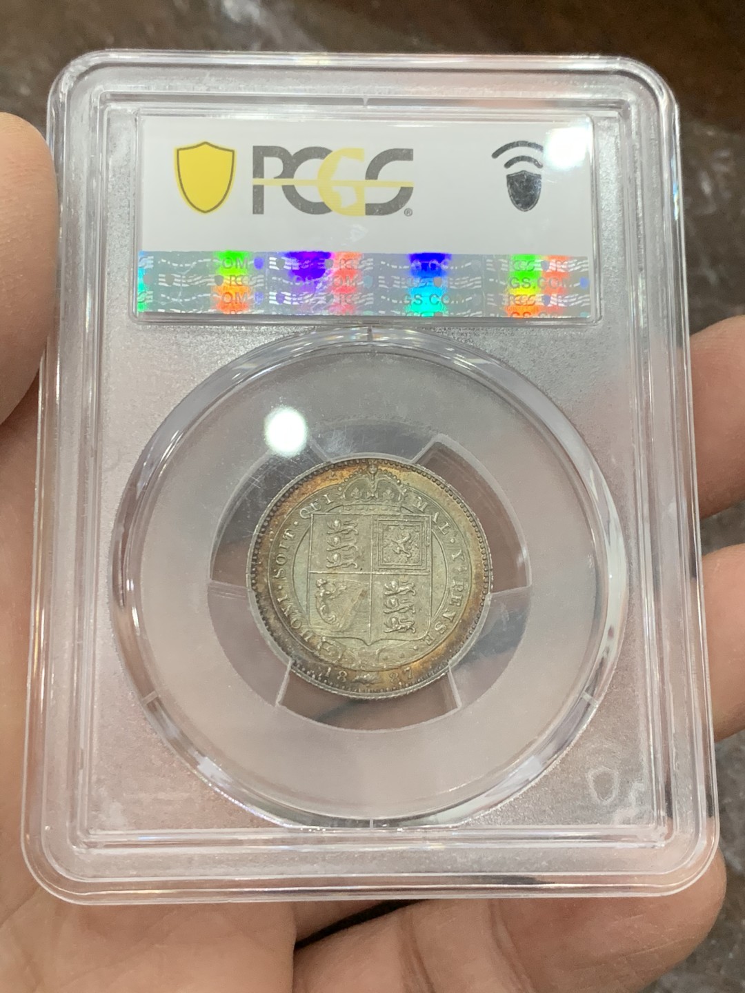 《竞宝斋》第128场-周日，周一 ，2场连拍（全场包邮） PCGS MS64 英国 1887年一先令银币，五彩包浆，收藏级别，非常精致