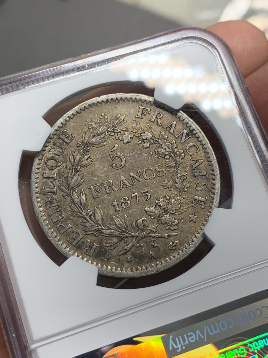 《竞宝斋》第128场-周日，周一 ，2场连拍（全场包邮） NGC AU53 法国 1875年 大力神 5法郎银币 深包浆 小A版 发行量是1873的1/10