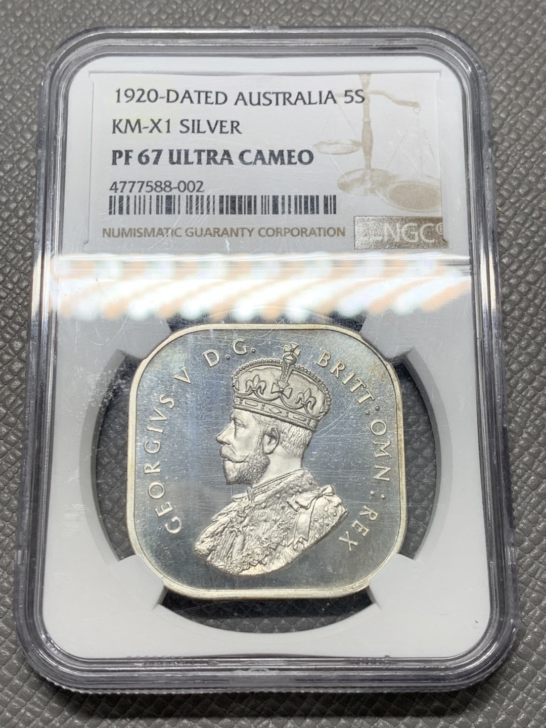 《竞宝斋》第128场-周日，周一 ，2场连拍（全场包邮） NGC PF67UCAM 唯一冠军分 澳大利亚 乔治五世 “1920年” 5先令 银质方形克朗 上世纪再铸 原型出自早期澳大利亚的一批方形便士样币