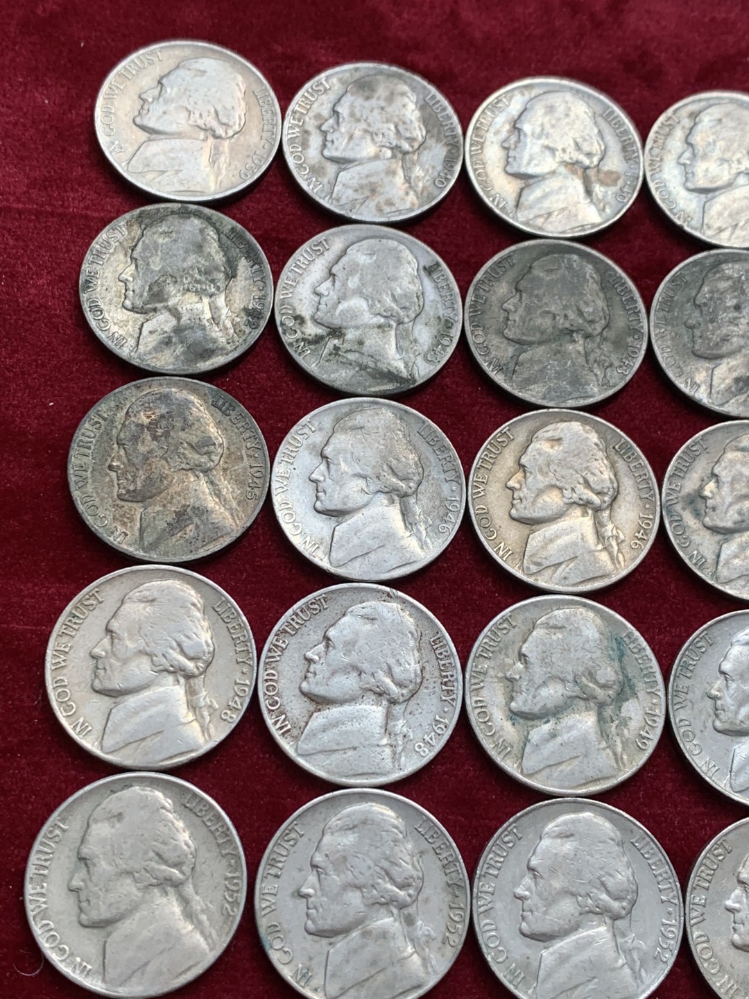 《竞宝斋》第128场-周日，周一 ，2场连拍（全场包邮） 美国 麦弗逊 5美分  63枚一组 从1939-1974年 60多个不同的年份版别 一次搞定绝大多数