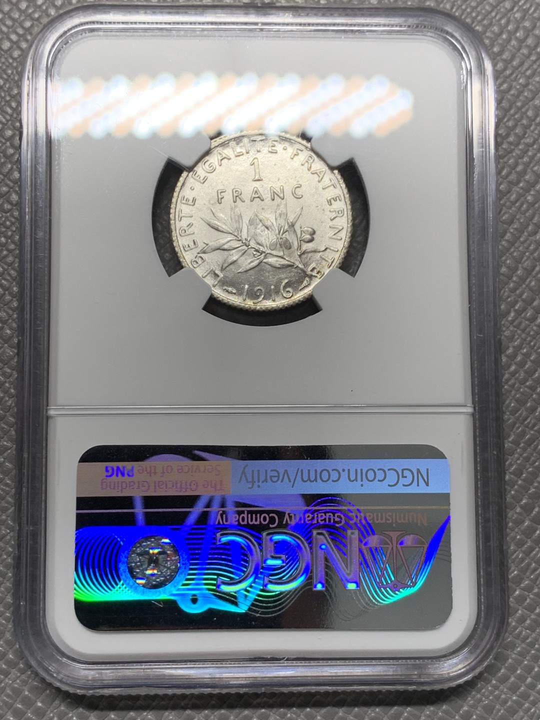 《竞宝斋》第128场-周日，周一 ，2场连拍（全场包邮） NGC MS62 法国 1916年 1法郎 银币