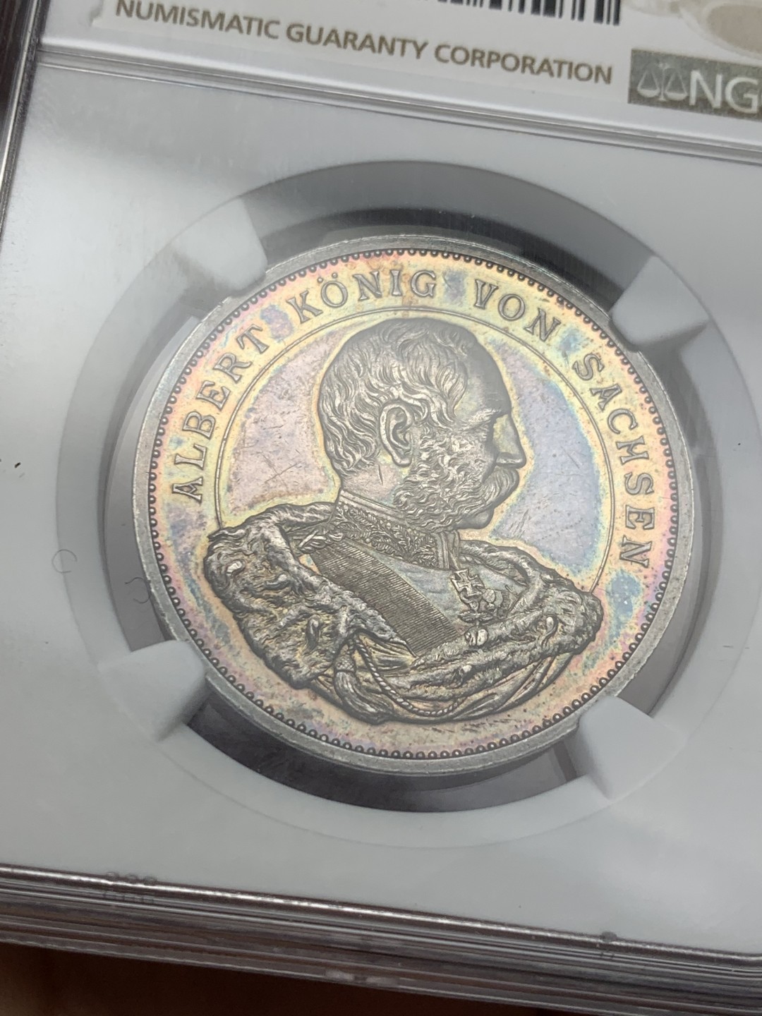 《竞宝斋》第128场-周日，周一 ，2场连拍（全场包邮） NGC-MS61,萨克森1889年维丁王朝800周年纪念银章，双面幻彩，上分不易