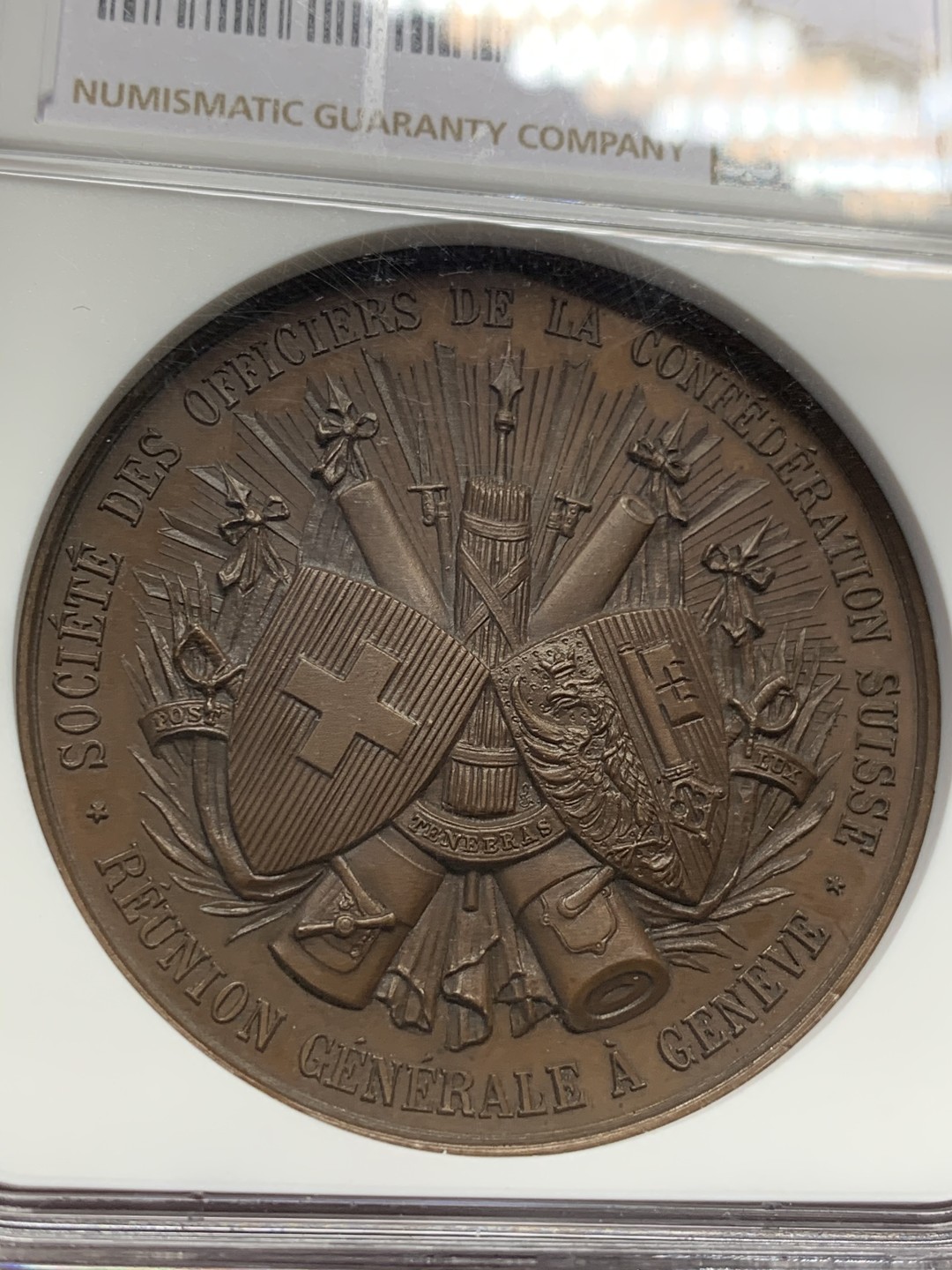《竞宝斋》第128场-周日，周一 ，2场连拍（全场包邮） NGC MS64 1892年瑞士日内瓦联邦纪念铜章 双面精美高浮雕 难得顶级品相状态