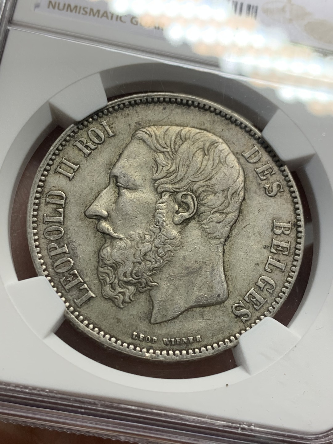 《竞宝斋》第128场-周日，周一 ，2场连拍（全场包邮） NGC-AU53 比利时1873年 利奥波德二世 5法郎大银币 原味老包浆