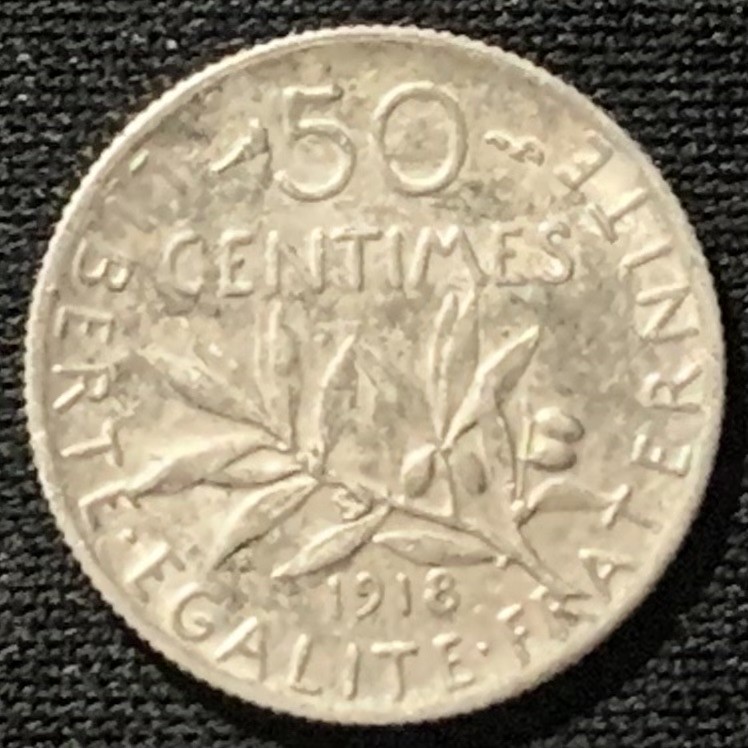 紫瑗钱币——第244期拍卖 法国 1918年 播种女神 50分 2.5克 0.835银 UNC