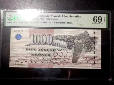 【Blue Auction】✨世界纸币精拍第271期——年末收官 - 【初版 亚军分 近满分获奖钞 PMG错标年份】法罗群岛 2005年1000克朗 PMG69EPQ 超高分 精美
