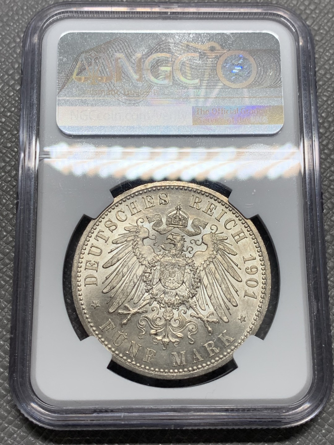 《竞宝斋》第128场-周日，周一 ，2场连拍（全场包邮） NGC MS64 德国 1901年 5马克 普鲁士建国200周年 经典双头长翅马克 状态不错