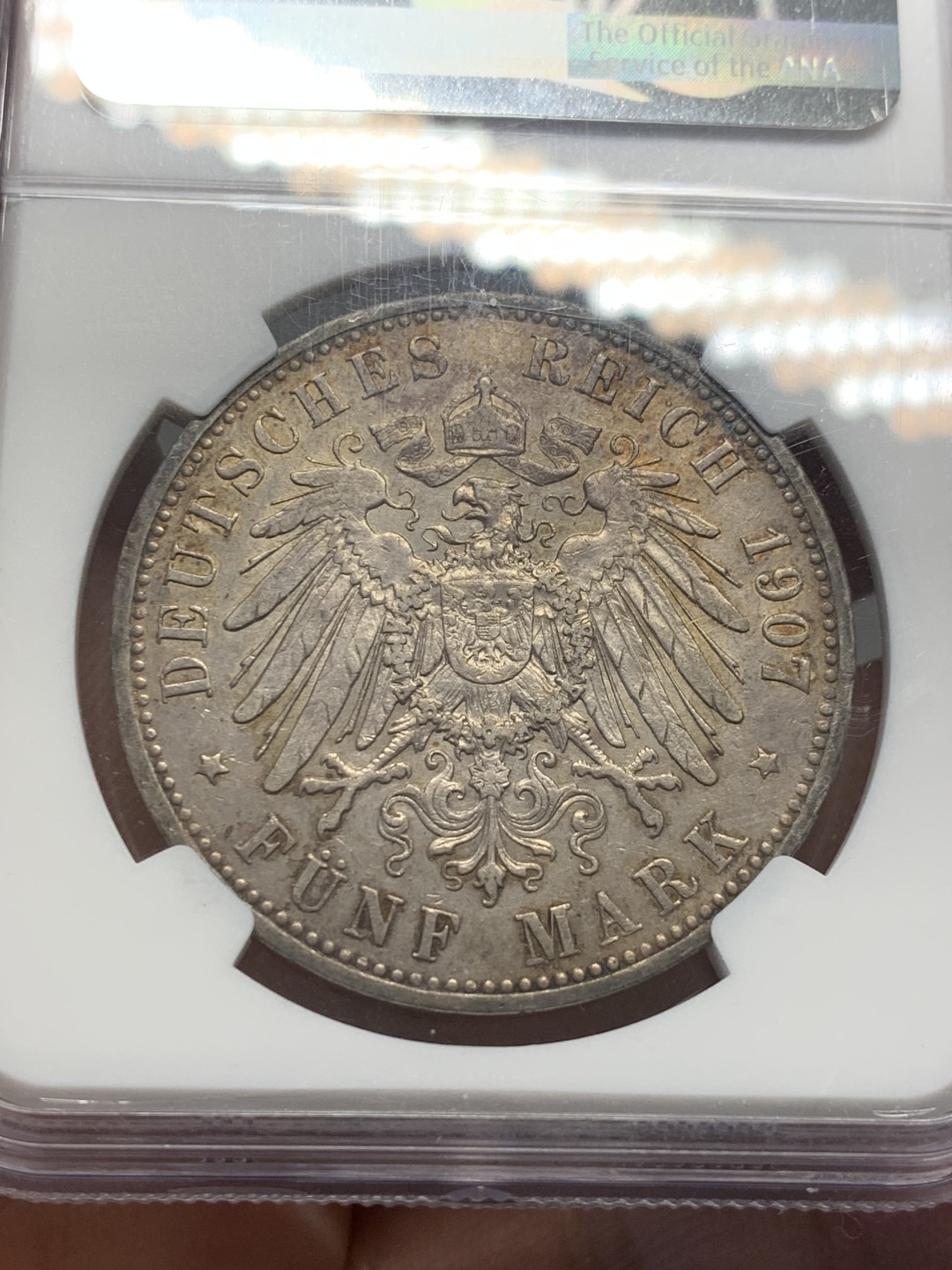 《竞宝斋》第128场-周日，周一 ，2场连拍（全场包邮） NGC-AUD 德国 1907年 普鲁士 威廉二世 大头5马克银币 带淡灰色包浆 细节好