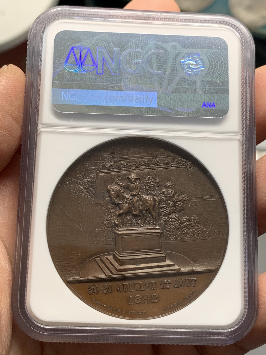 《竞宝斋》第128场-周日，周一 ，2场连拍（全场包邮） NGC MS64 1892年瑞士日内瓦联邦纪念铜章 双面精美高浮雕 难得顶级品相状态
