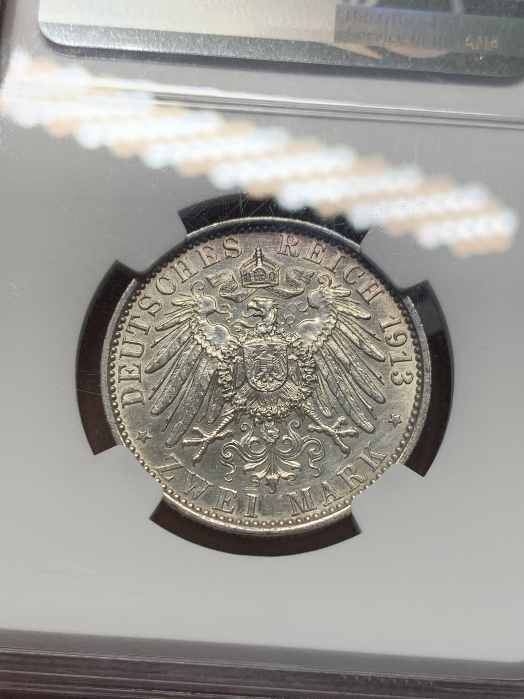 《竞宝斋》第128场-周日，周一 ，2场连拍（全场包邮） NGC-UNCD 德国1913年威廉二世登基纪念 2马克银币 带彩 当个品种不错