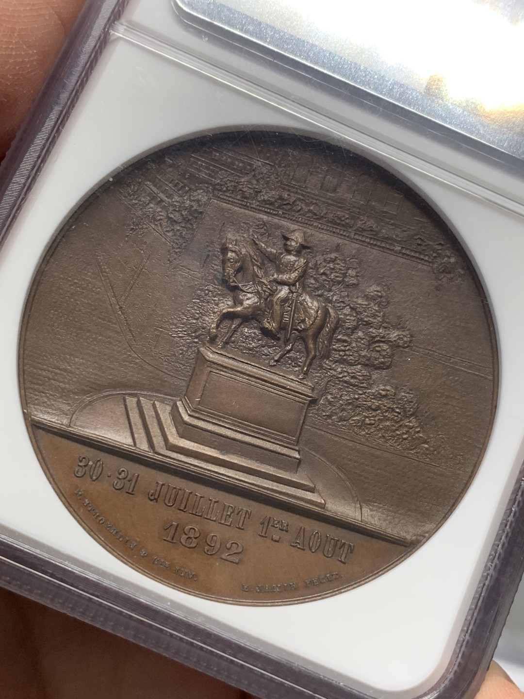 《竞宝斋》第128场-周日，周一 ，2场连拍（全场包邮） NGC MS64 1892年瑞士日内瓦联邦纪念铜章 双面精美高浮雕 难得顶级品相状态